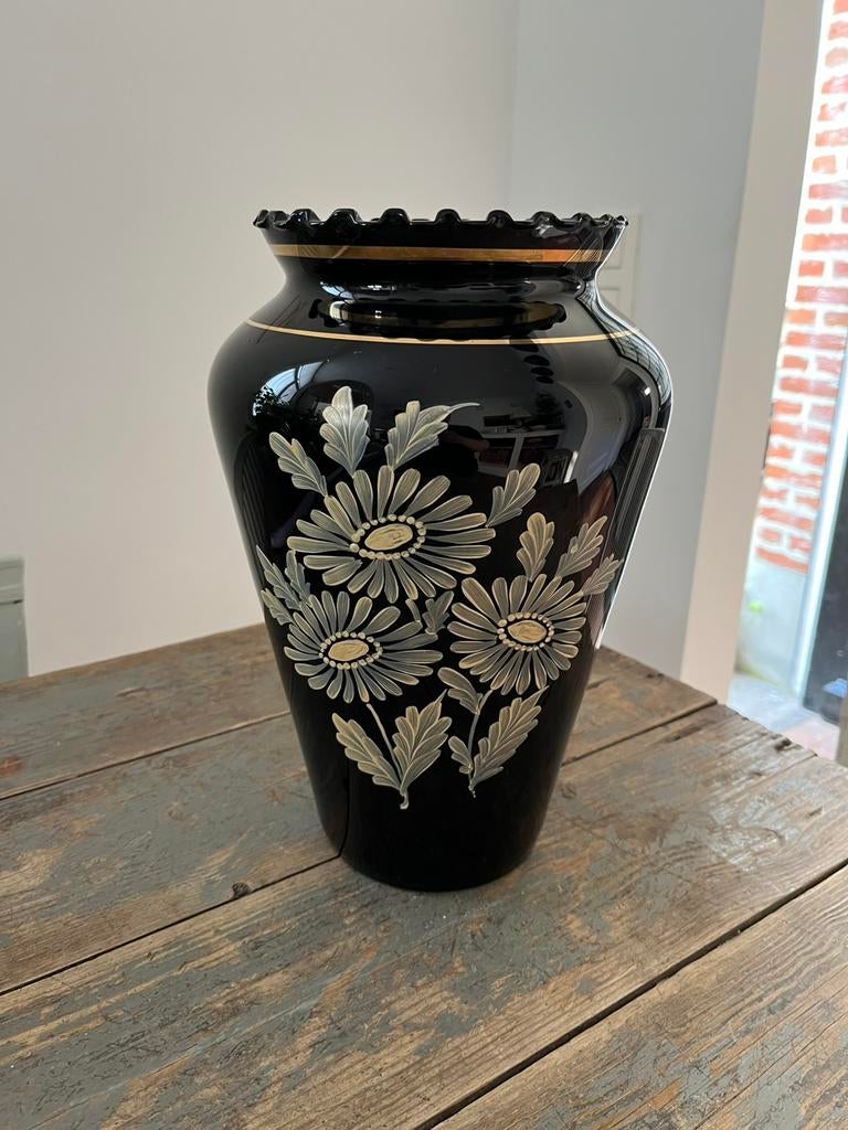 PRACHTIGE VINTAGE VAAS BOOMS ZWART GLAS EMAILLE, Ophalen of Verzenden