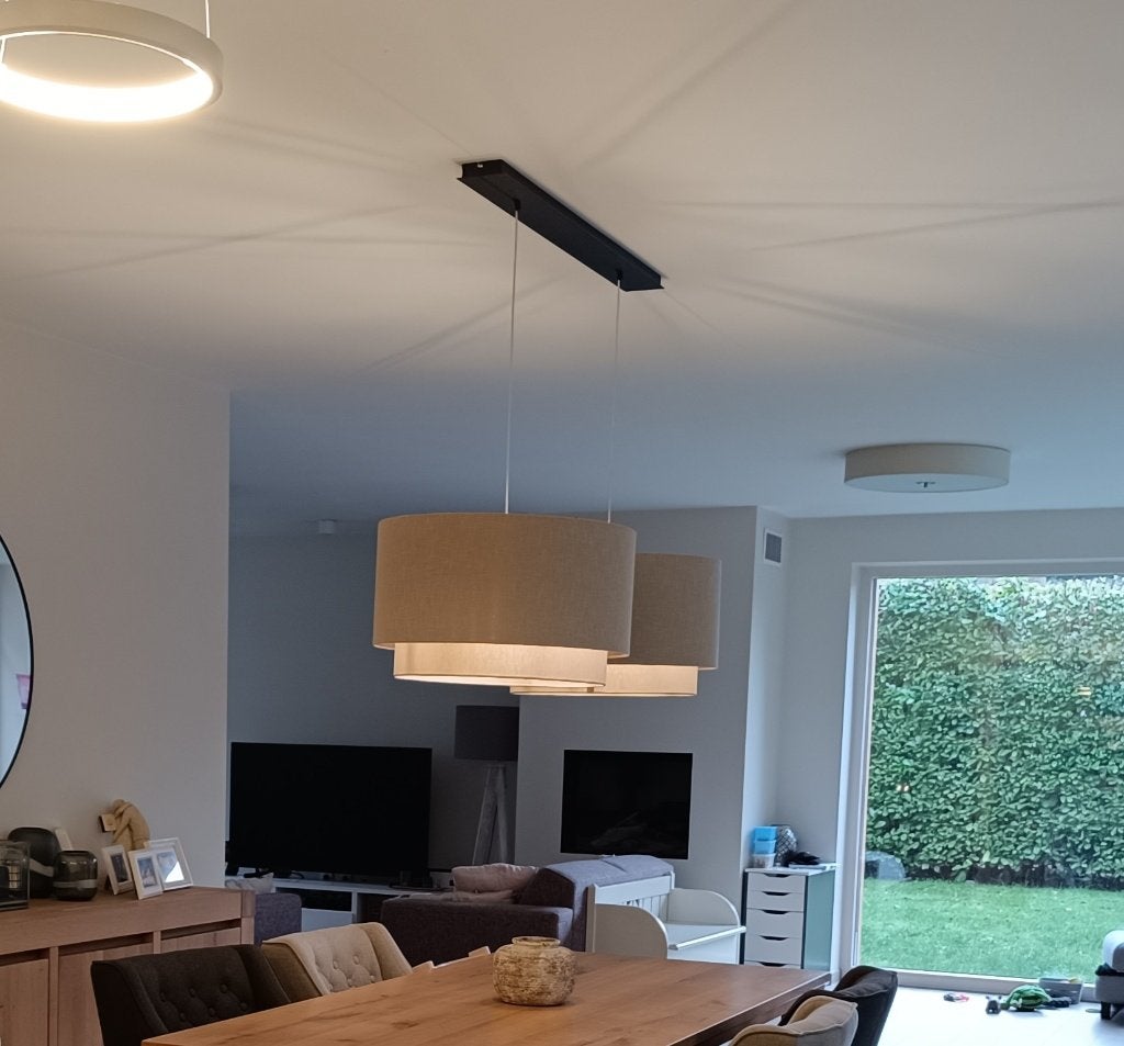 Prachtige pendel met 2 dubbele lampenkappen, Huis en Inrichting, Lampen | Hanglampen, Zo goed als nieuw, 50 tot 75 cm, Metaal