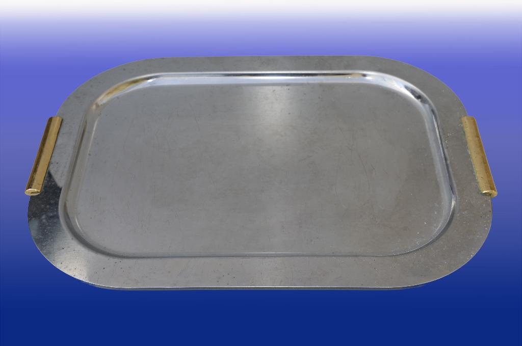 inox schotel met koperen handvaten, Ophalen, Gebruikt, Overige materialen, Schaal of Schalen