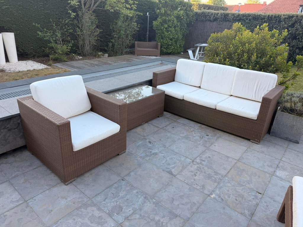 Complete loungeset + 4 ligbedden - tuinset, Ophalen, Gebruikt, Wicker, Loungeset