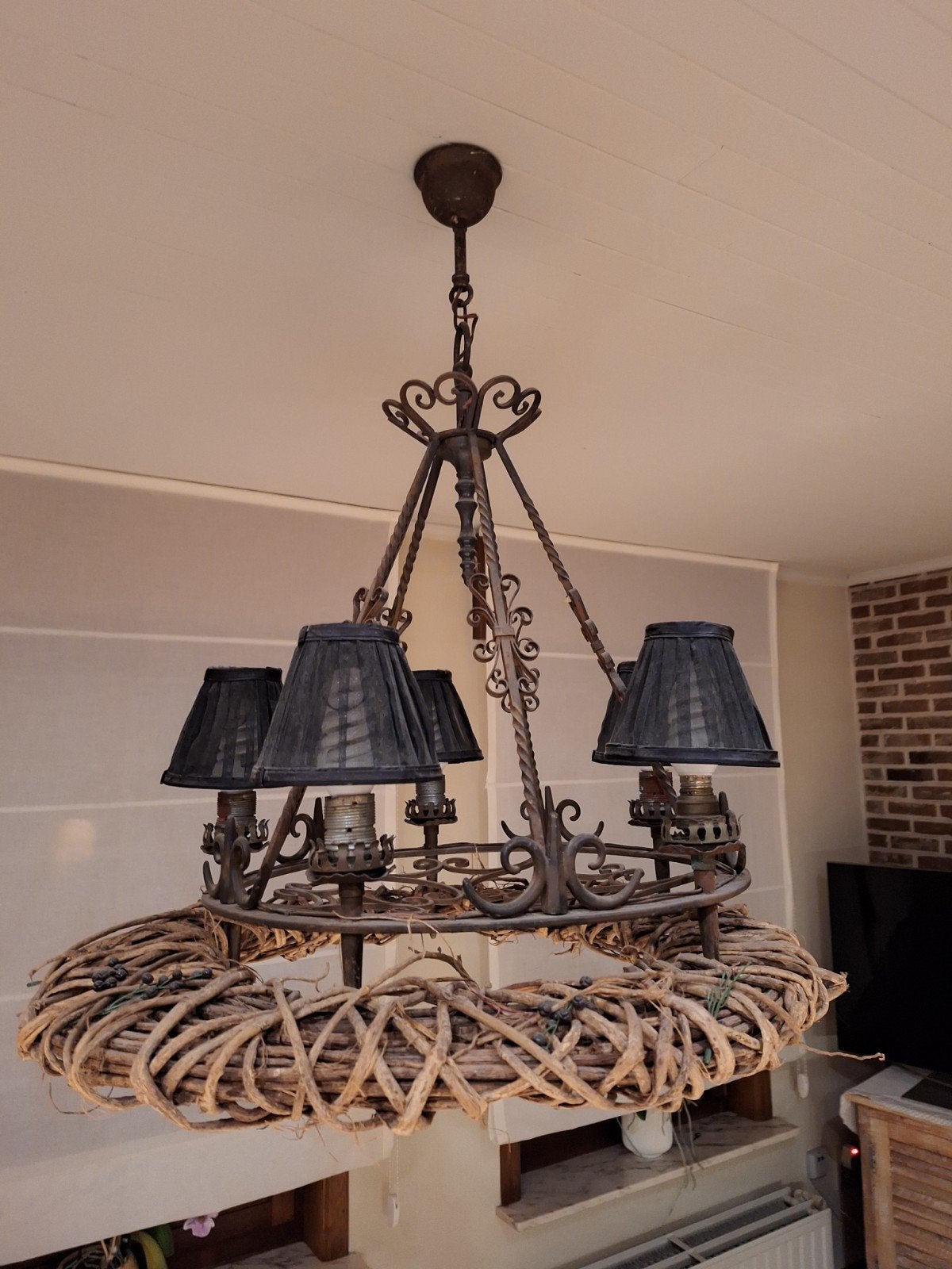 kroonluchter, luchter, luster hanglamp in smeedijzer,riet, Ophalen, Zo goed als nieuw, Metaal, Landelijk