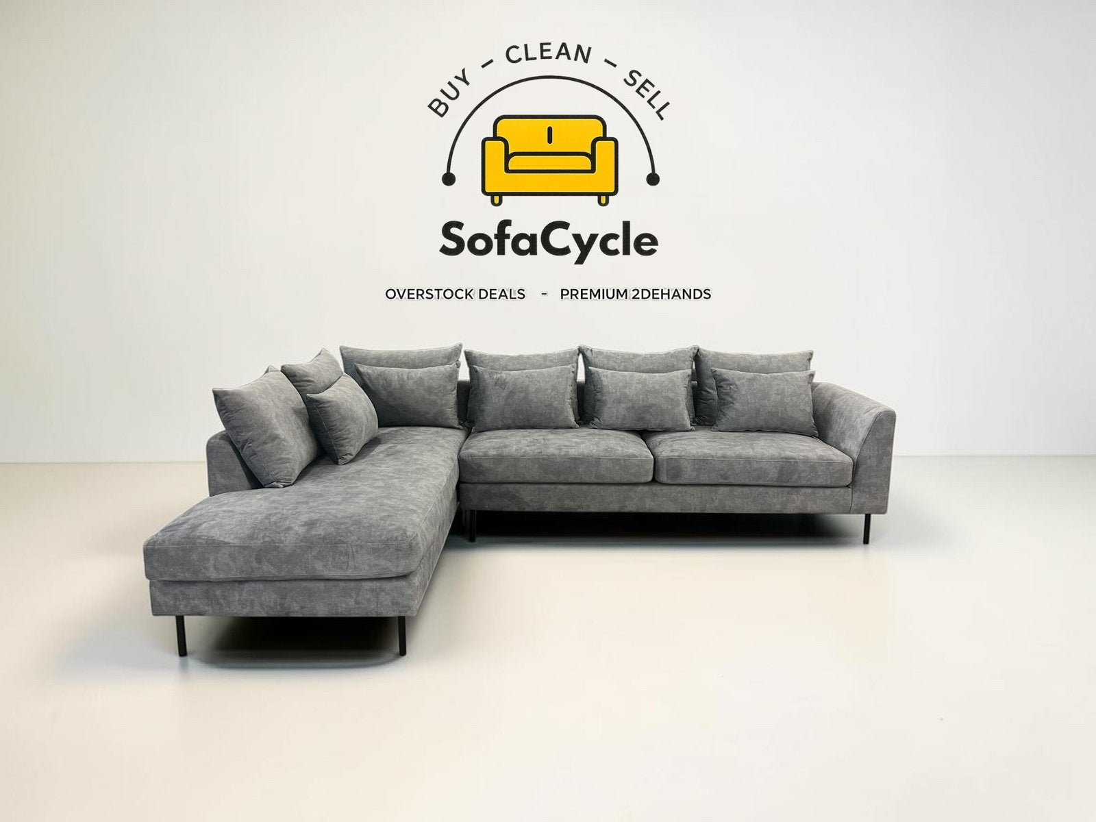 Chaise d'angle en velours gris,— Overstock /SofaCycle, Neuf, Enlèvement ou Envoi, SofaCycle, Info@sofacycle.be