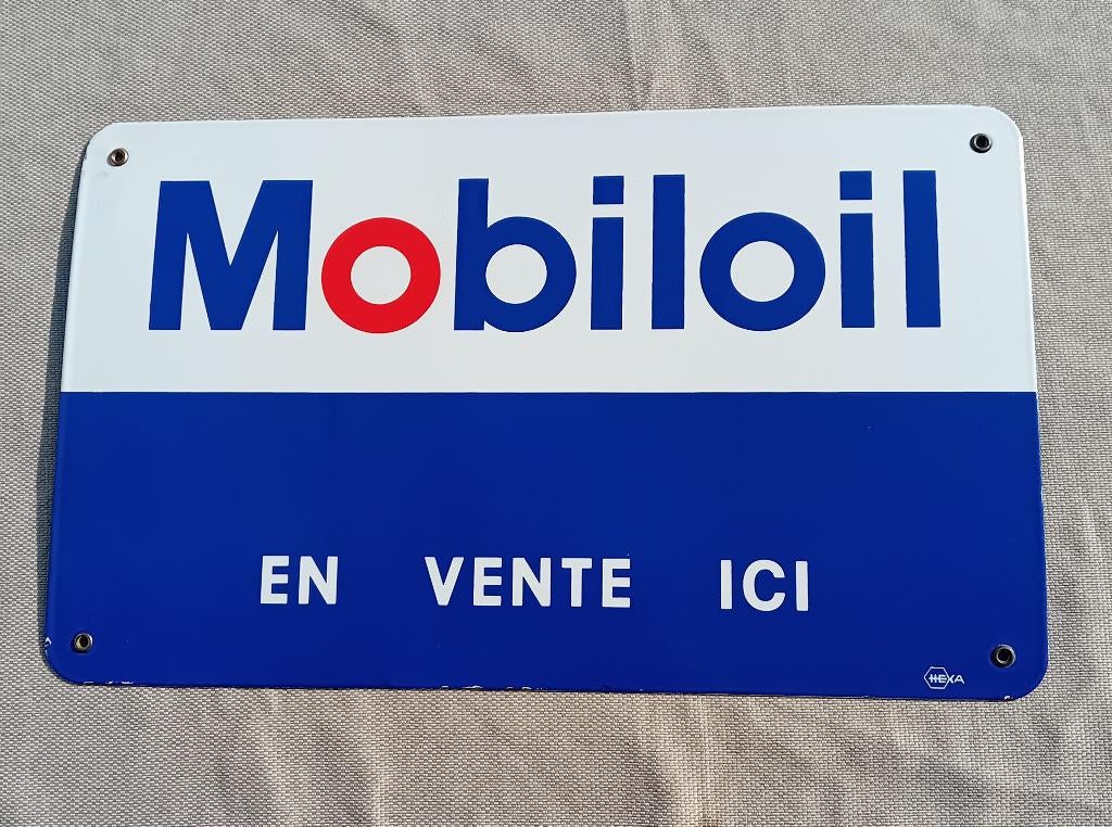 Emaille reclamebord Mobiloil (Hexa) ca 1950, Verzamelen, Ophalen of Verzenden, Zo goed als nieuw, Reclamebord