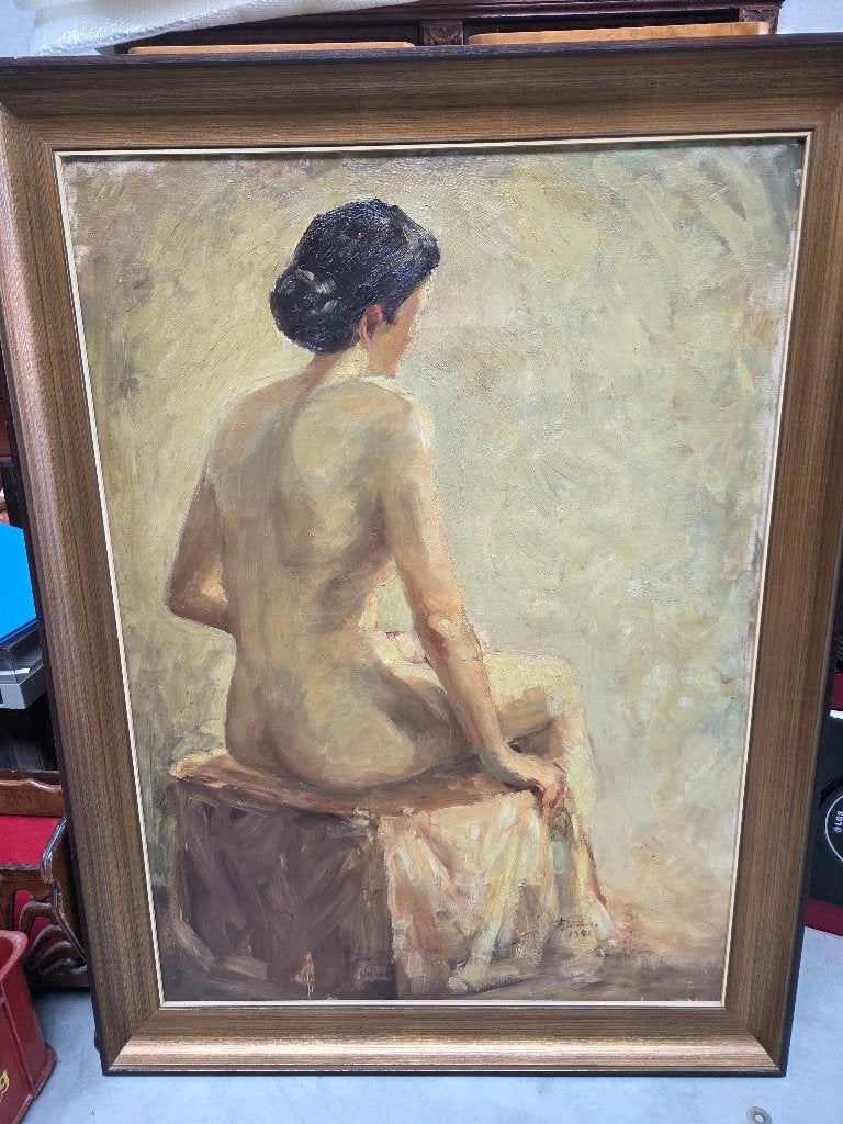 Zeer groot schilderij:' Zittend naakt', Antiquités & Art, Art | Peinture | Classique, Portrait ou Personnes, Encadré, Peinture à l'huile