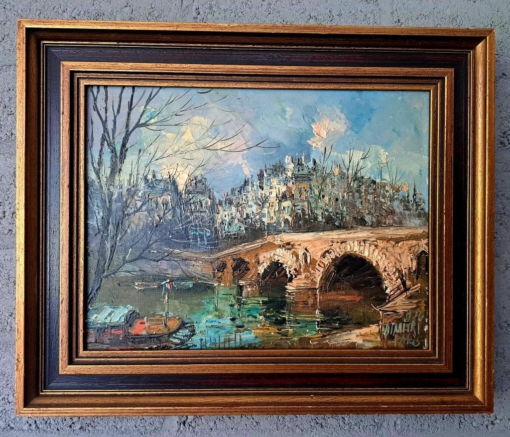 Olieverfschilderij Parijs stadsgezicht met brug en rivier, Antiek en Kunst, Ophalen of Verzenden, Impressionistisch, Gesigneerd