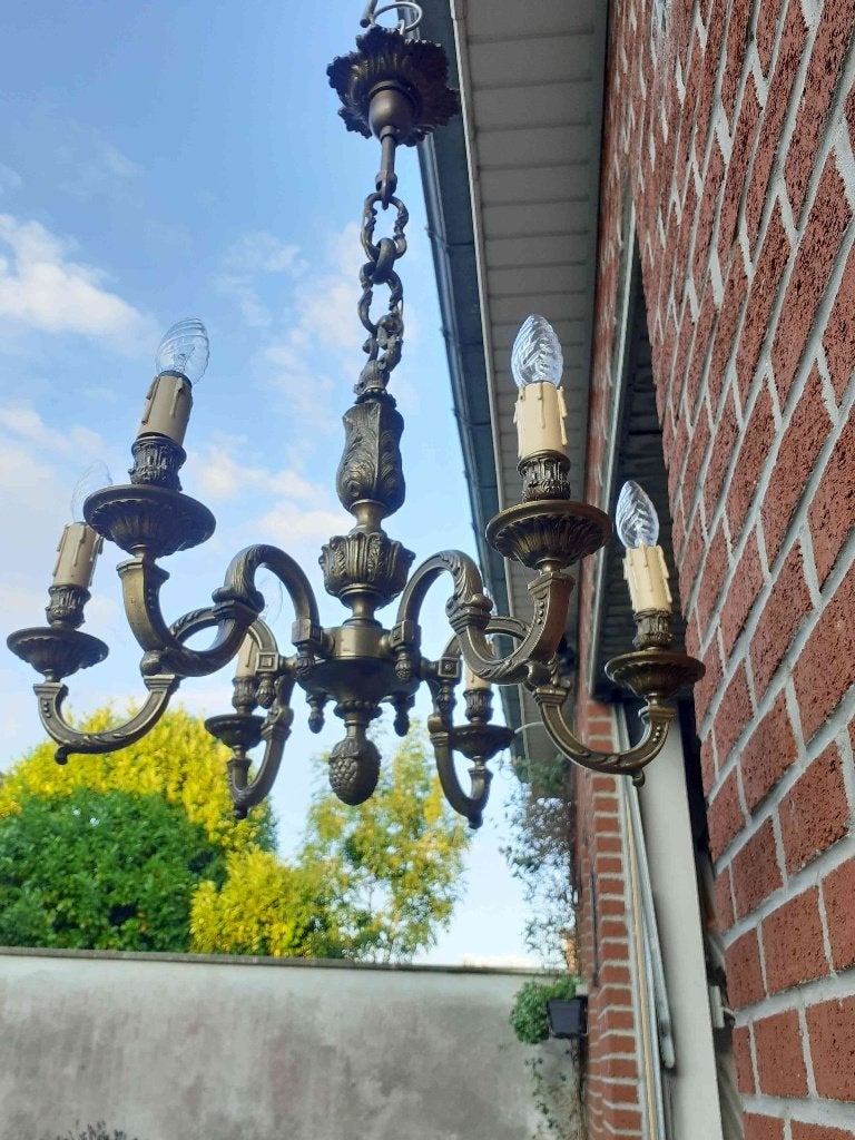 Lustre en bronze massif - 6 lampes, Maison & Meubles, Lampes | Lustres, Utilisé, Matériau naturel, E14 (petit), Enlèvement