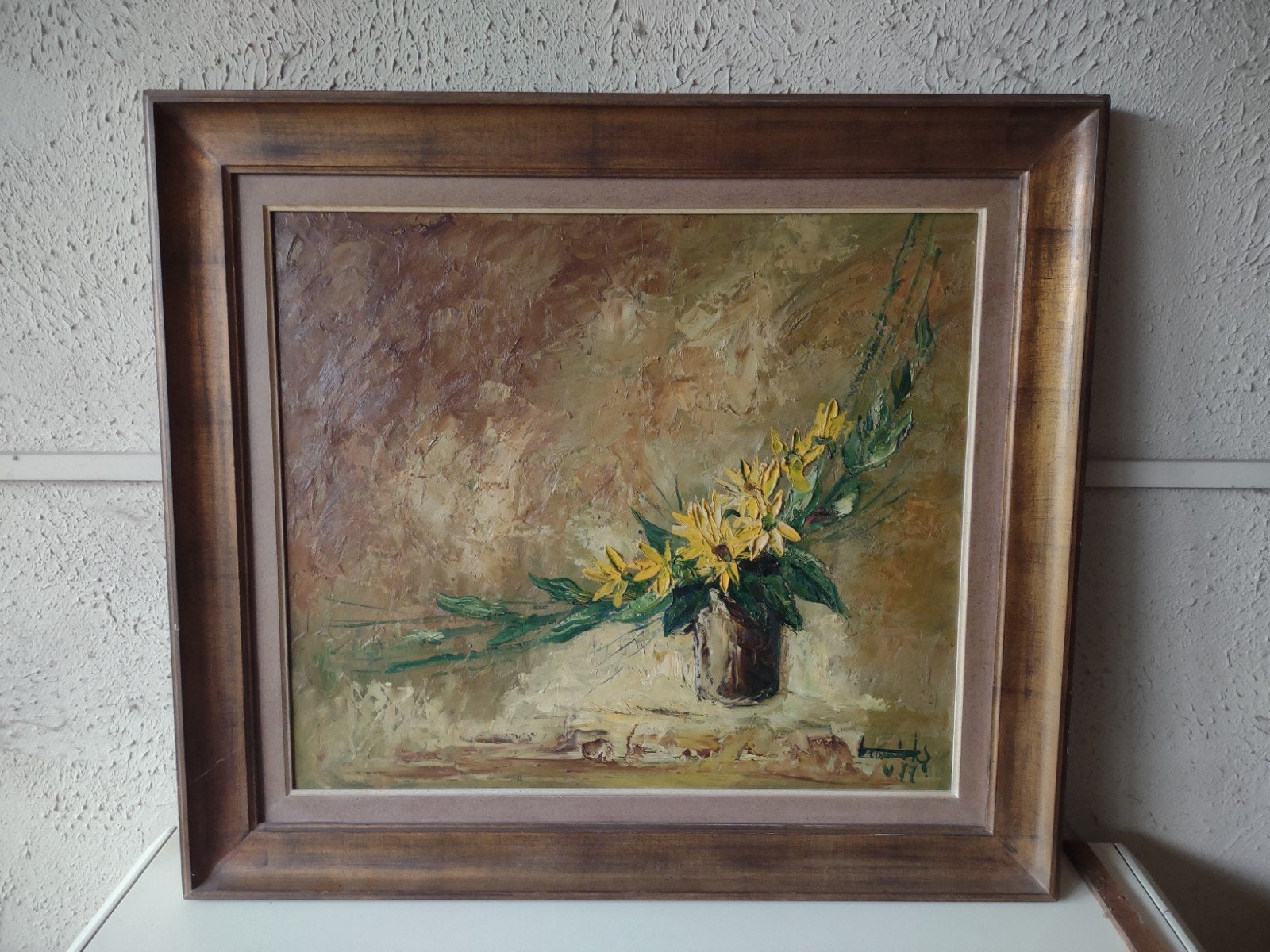 Schilderij met gele bloemen in vaas, gesigneerd, Antiek en Kunst, Kunst | Schilderijen | Klassiek, Ophalen, Gesigneerd, Bloemen