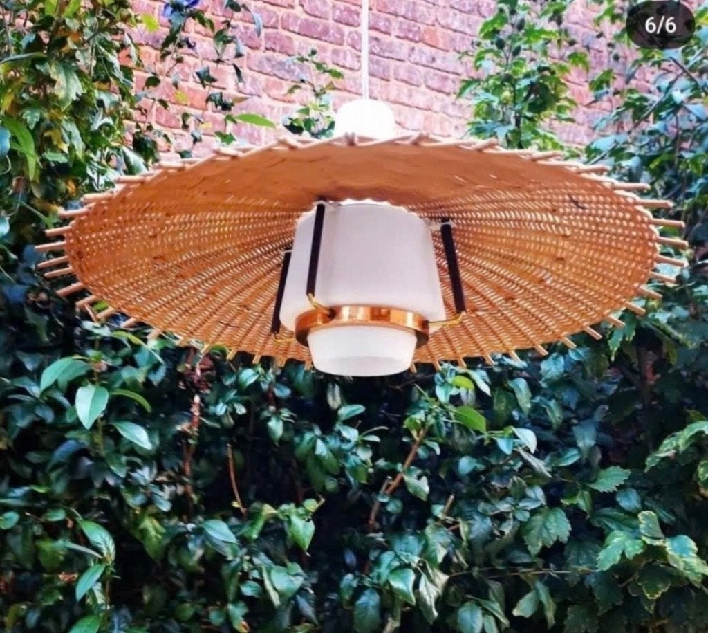 Véritable lampe suspendue vintage en osier et verre, Maison & Meubles, Enlèvement ou Envoi, Verre, Suspension, Vintage