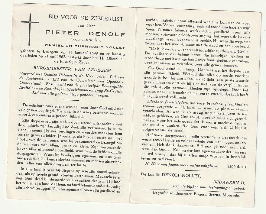 Doodsprentje Pieter DENOLF Ledegem 1899 - 1962 Burgemeester, Verzamelen, Bidprentjes en Rouwkaarten, Verzenden, Bidprentje