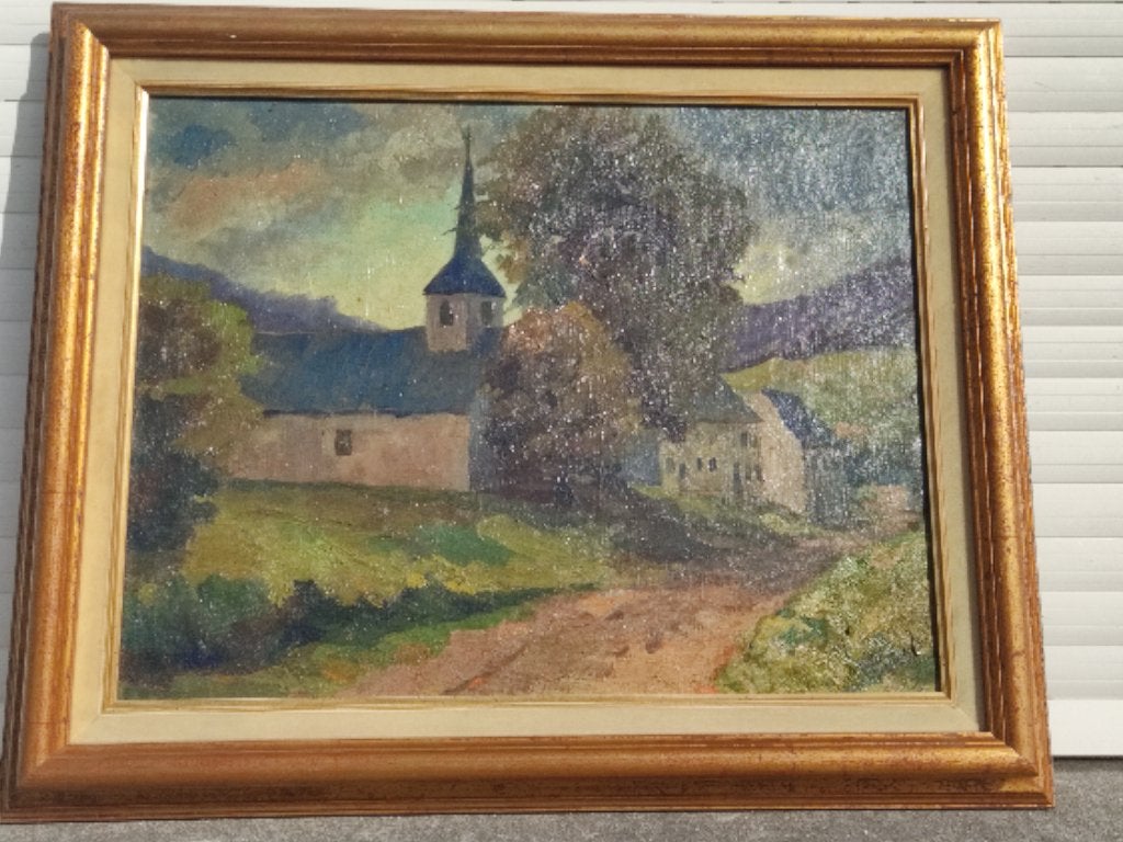 huile sur toile village avec eglise signe lou denel 47, Antiquités & Art, Art | Peinture | Classique, Enlèvement ou Envoi, Toile