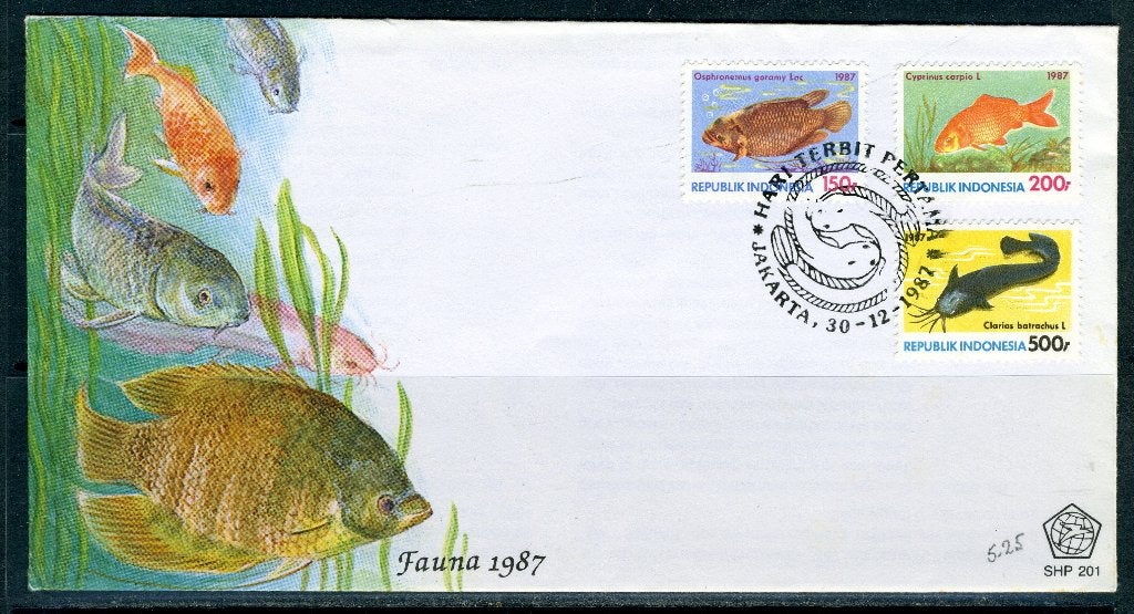 INDONESIE: ZB 1306/1308 FDC 1987 Vissen, Verzenden, Gestempeld, Zuid-Azië