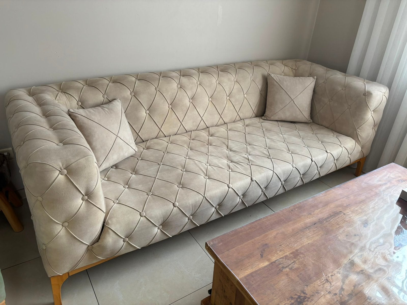 Chesterfield stof zetel beige 2 x 3 zit & 1 x 1 zit, Ophalen, Zo goed als nieuw, Stof