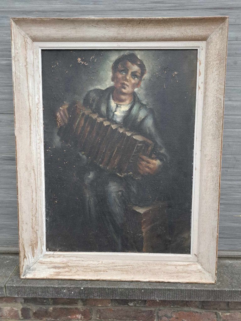 huile sur toile joeur d accordeon signe vassal, Antiquités & Art, Art | Peinture | Classique, Enlèvement ou Envoi, Toile