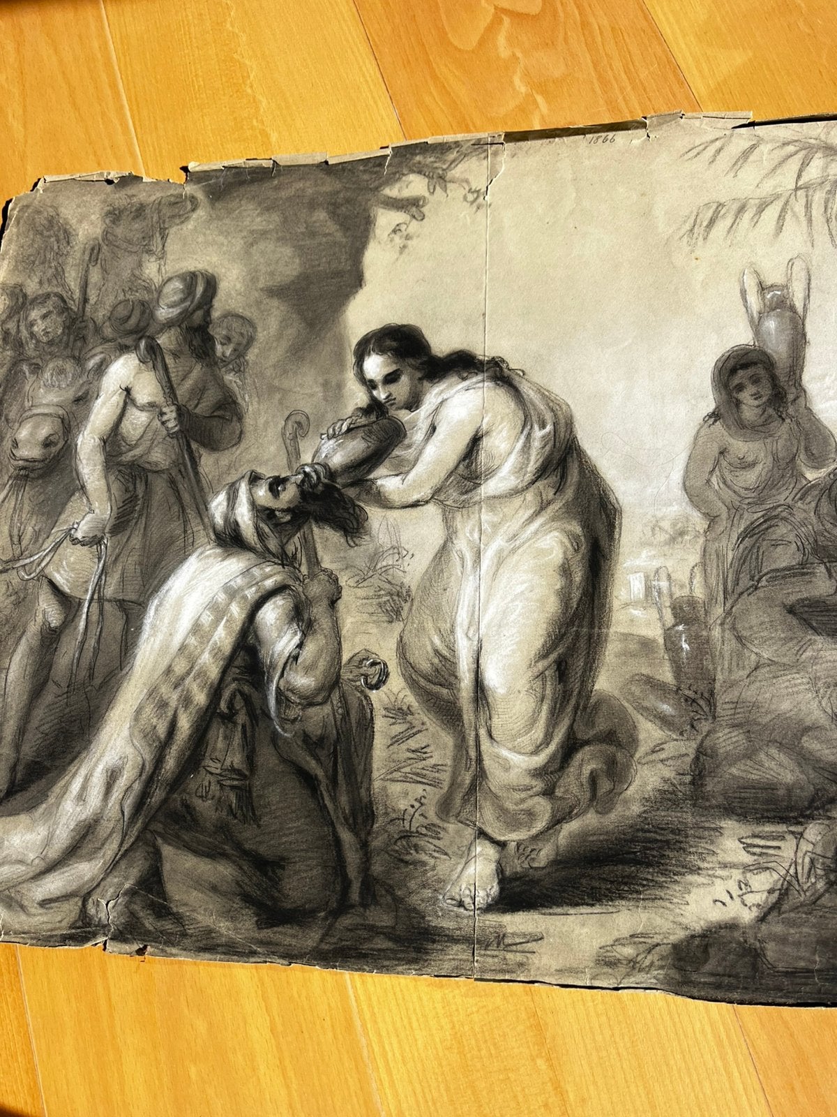 1866 Charles De Paepe Brugge Rebecca en Elizeër bij de put, Antiek en Kunst, Ophalen of Verzenden, Gedateerd, Pastel, Papier