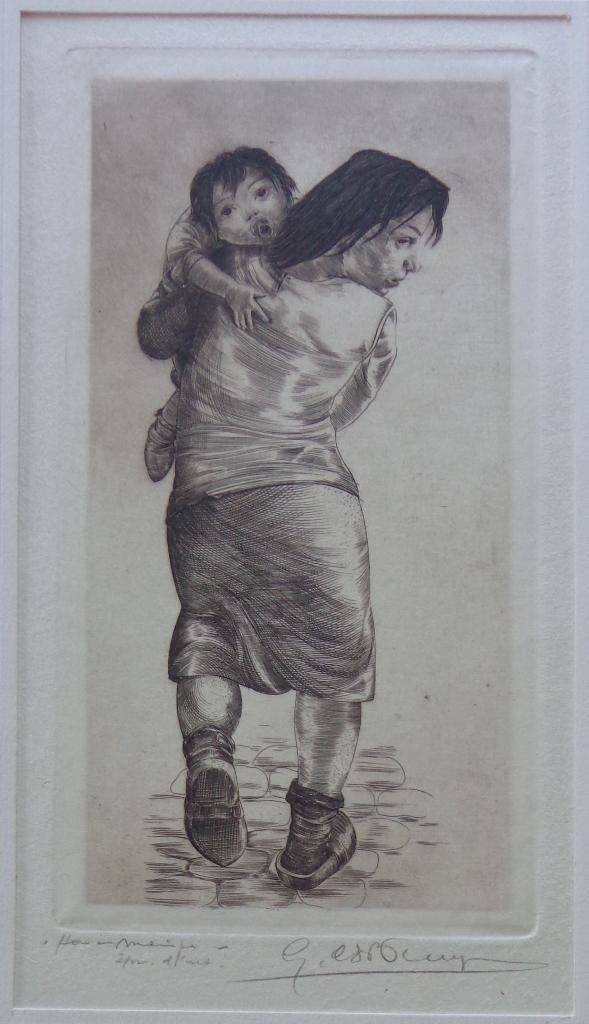 GUSTAAF DE BRUYNE / HAVENMEISJE / ZW-W ETS / 52x32cm / SIG, Antiek en Kunst, Ophalen of Verzenden