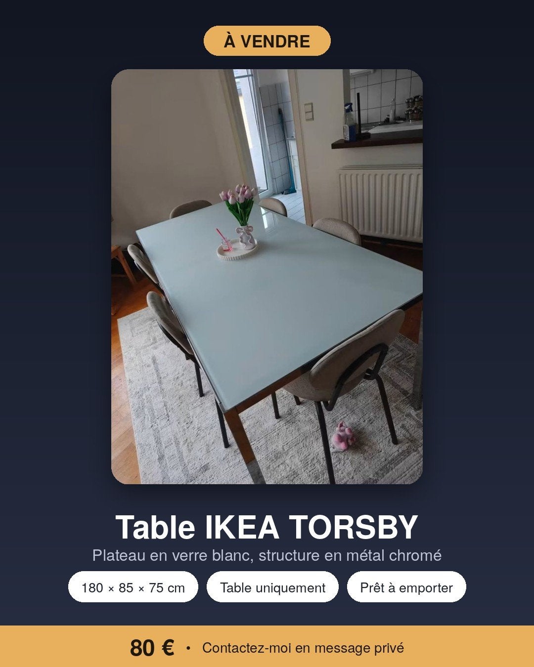 Table en verre IKEA TORSBY — NOUVEAU PRIX, 150 à 200 cm, Cinq personnes ou plus, Comme neuf, Enlèvement