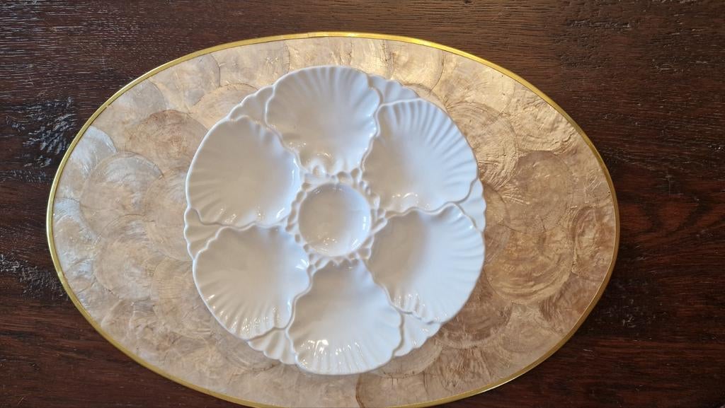 6 assiettes à huîtres blanches Baudour - vintage, Enlèvement