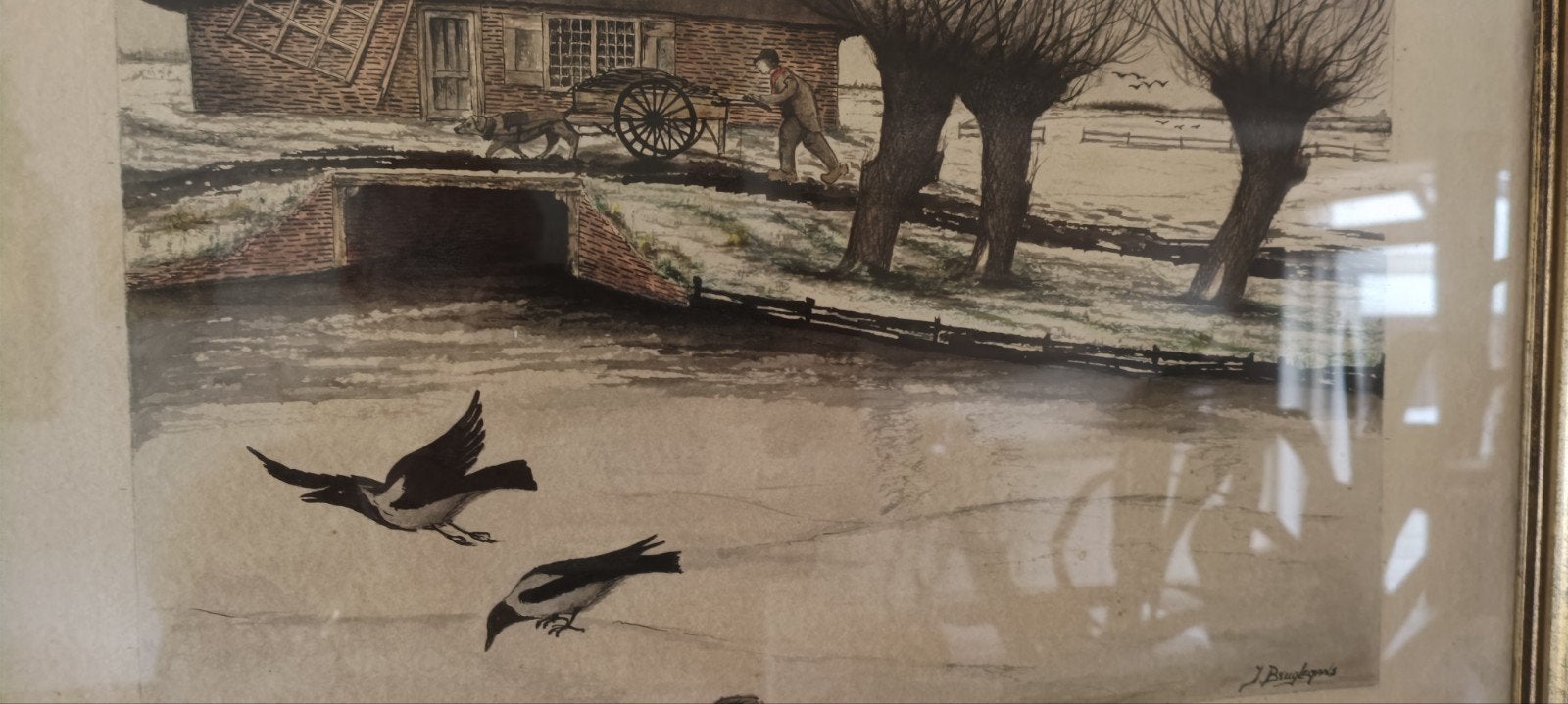 Belle gravure ancienne à l'eau-forte signée, Enlèvement ou Envoi, Eau-forte, Encadré