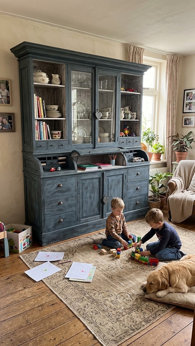 Buffet unique en teck bleu Aubusson, Maison & Meubles, Neuf, 200 cm ou plus, Enlèvement ou Envoi, Teck