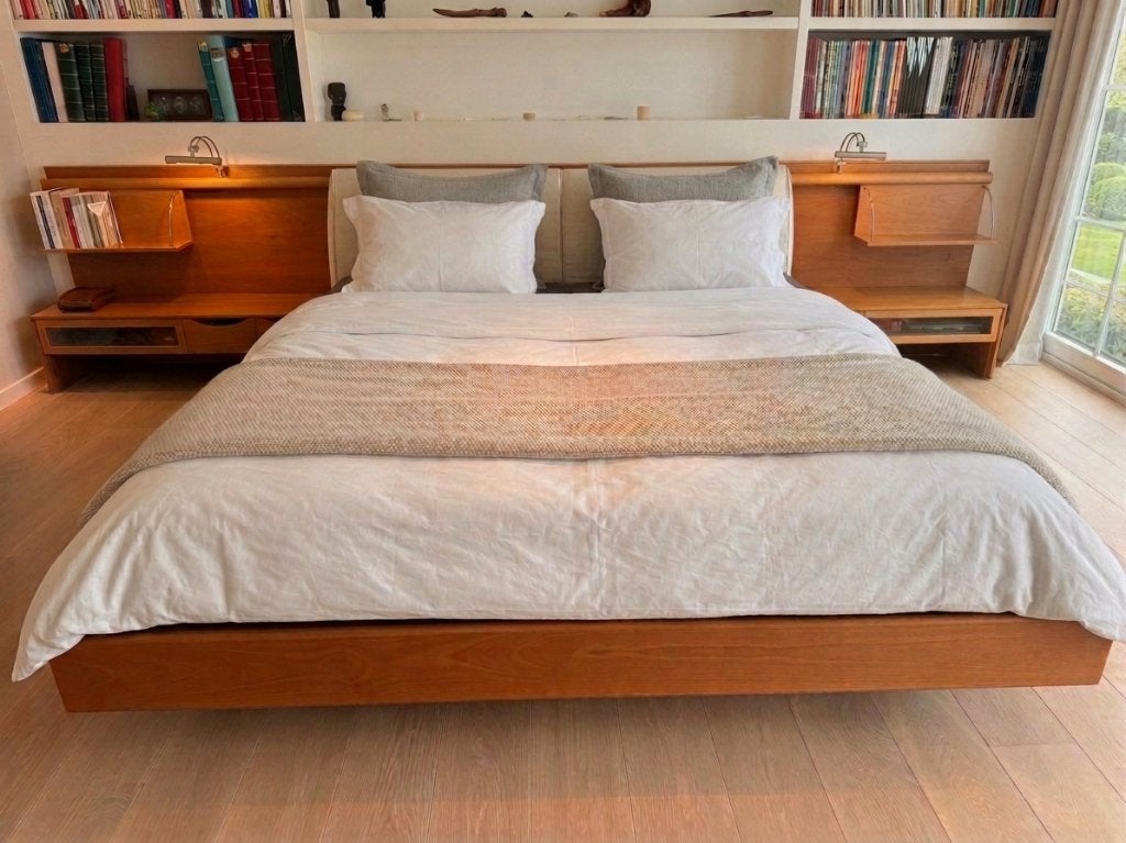 Ensemble de lit double Poliform Morgante en noyer massif, Ophalen, Gebruikt, Design italien haut de gamme, Bruin
