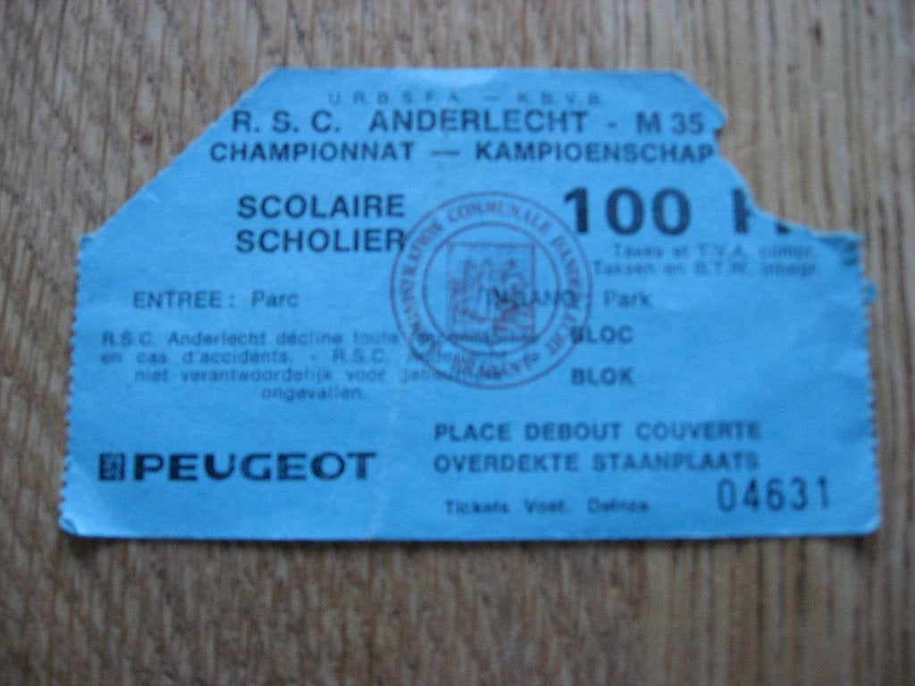 Oud Ticket RSC Anderlecht, Verzamelen, Ophalen of Verzenden, Zo goed als nieuw, Poster, Plaatje of Sticker