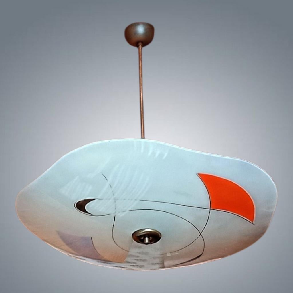 Lustre suspension Vintage Verre Sérigraphié 1950's, Maison & Meubles, Enlèvement, Verre