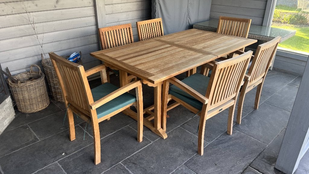 Splinternieuwe teak tafel met 6  stoelen, Ophalen, Zo goed als nieuw, Rechthoekig, Teakhout
