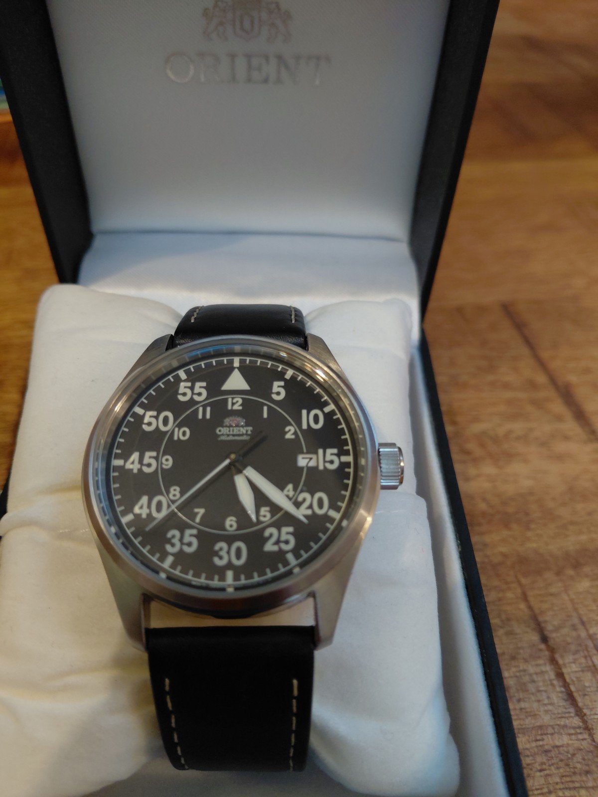Montre automatique Orient, Bijoux, Sacs & Beauté, Enlèvement ou Envoi, Comme neuf, Acier, Cuir