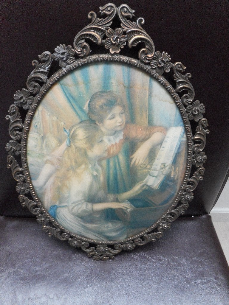 oude kader met gebombeerd glas met prent glas is 29,50cm, Antiek en Kunst, Ophalen of Verzenden