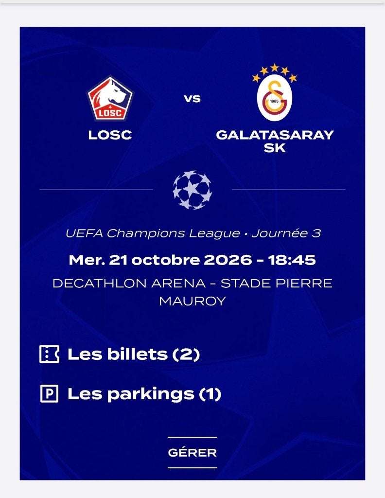 2 tickets Lille - Galataseray, Tickets & Billets, Cartes en vrac, Deux personnes, Octobre