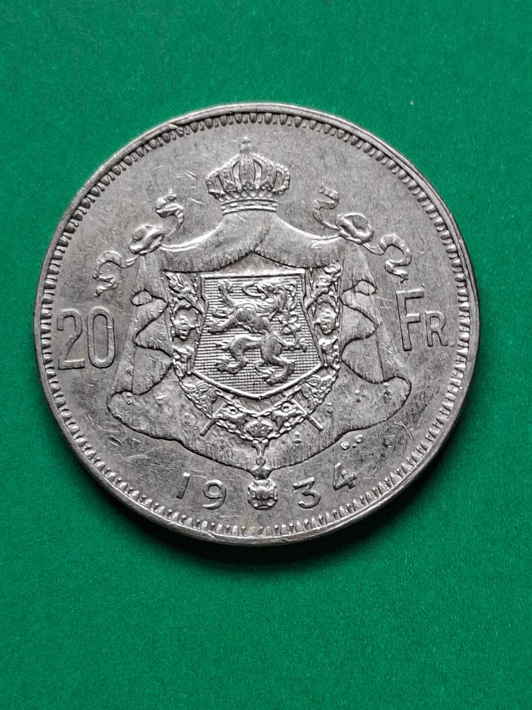 1934 België 20 francs in zilver Frans positie A, Postzegels en Munten, Munten | België, Verzenden, Zilver, Losse munt, Zilver