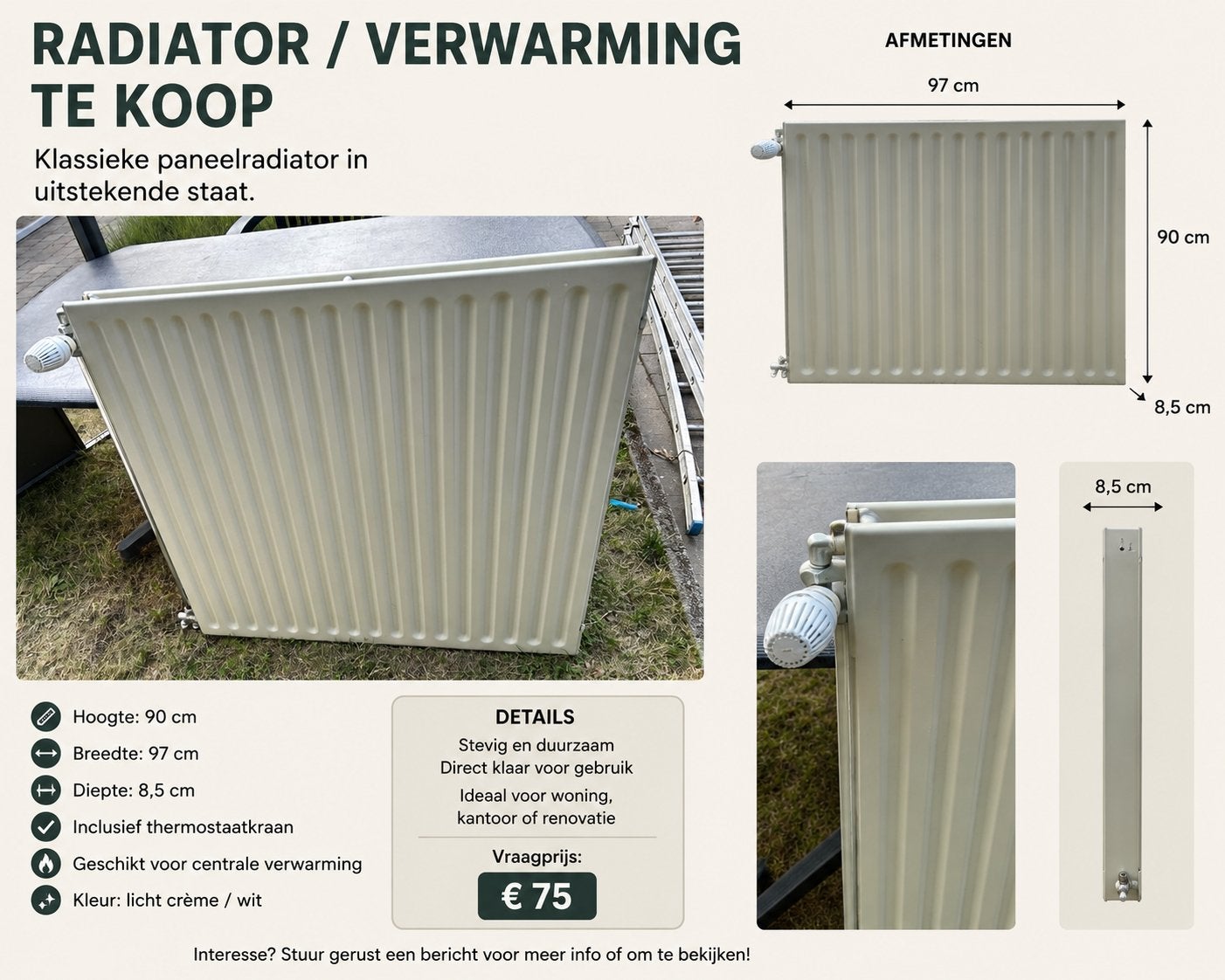 Radiator/verwarming te koop in licht crème, Bricolage & Construction, Chauffage & Radiateurs, Enlèvement, Utilisé, 80 cm ou plus