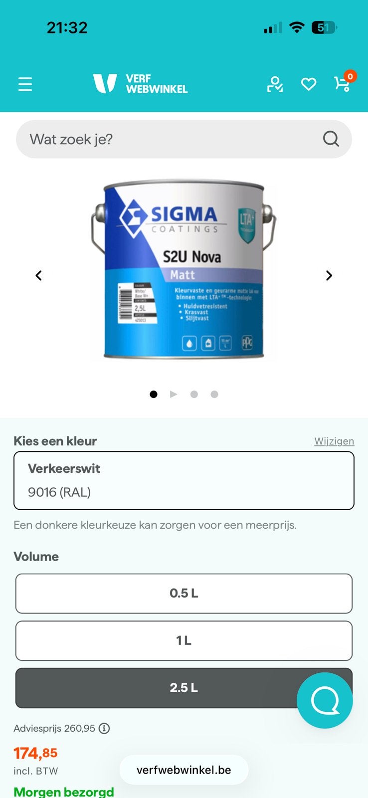 Sigma S2U Nova Matt - verkeerswit - 2,5L - lak, Ophalen, Nieuw, Lak
