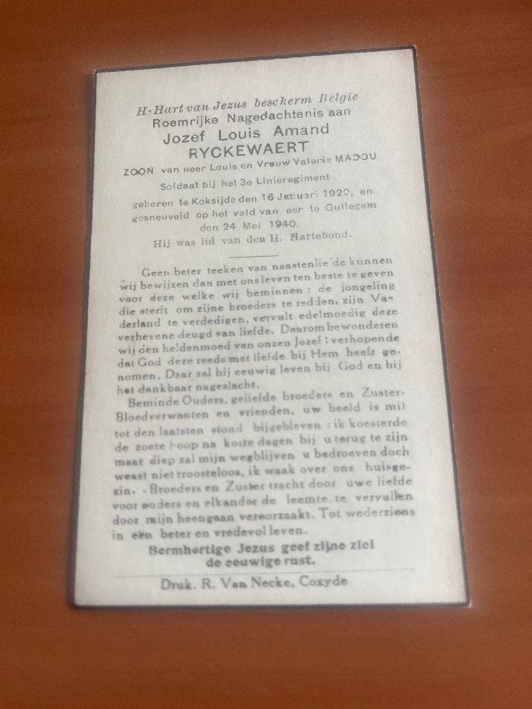 Soldaat J.Ryckewaert Koksijde 1920-Gesneuveld Gullegem 1940, Verzamelen, Bidprentjes en Rouwkaarten, Ophalen of Verzenden, Rouwkaart
