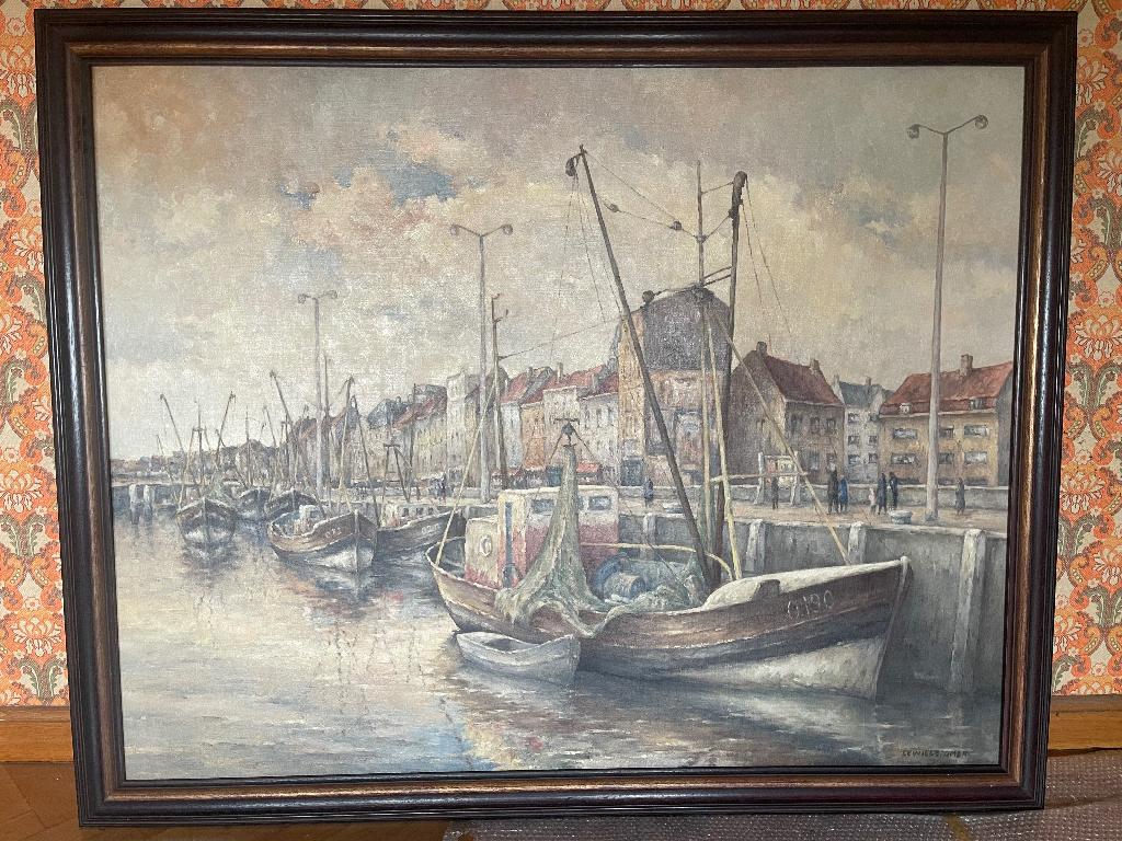 Olieverfschilderij op linnen doek "Oostende"., Antiek en Kunst, Ophalen