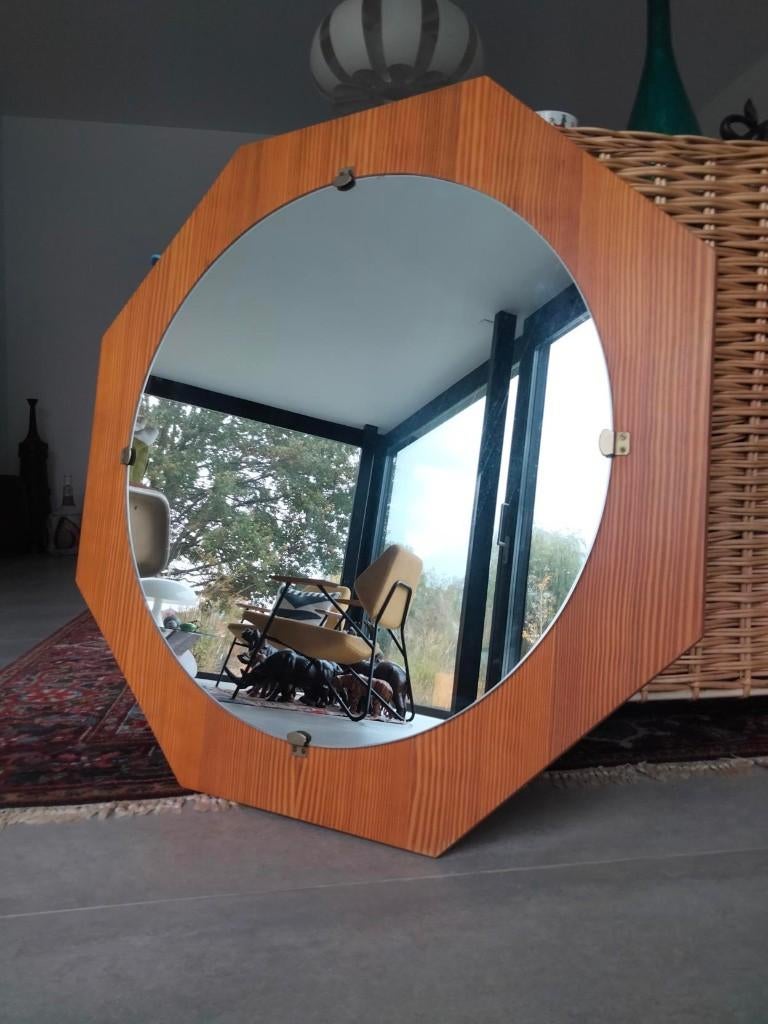 1970s XL vintage pitch pine spiegel octagon miroir, Enlèvement, Utilisé, 75 à 100 cm, Moins de 100 cm
