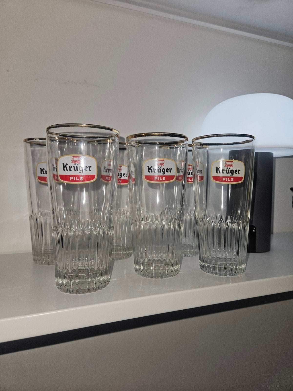 Lot de 6 verres à bière vintage Krüger Pils avec liseré doré, Collections, Enlèvement ou Envoi, Comme neuf, Verre à bière