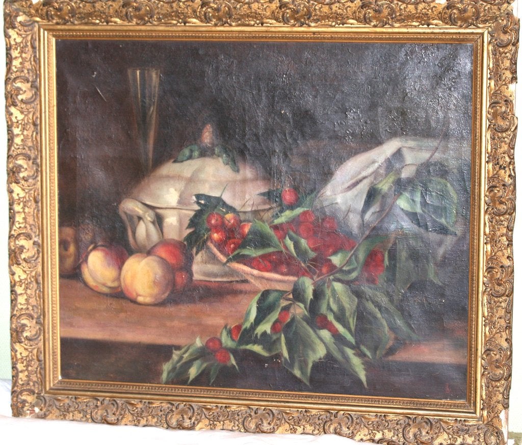 Antieke schilderij olie op doek - Gesigneerd, Antiek en Kunst, Doek, Stilleven, Ophalen of Verzenden, Gesigneerd