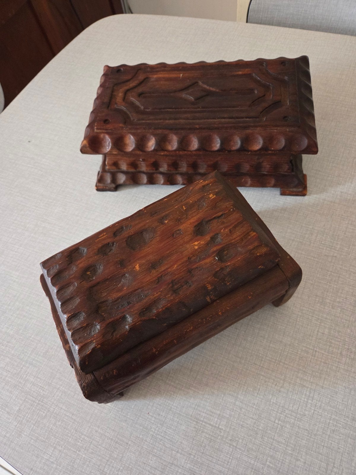 2 antieke houten kistjes, Bois, Enlèvement ou Envoi, Marron, Utilisé