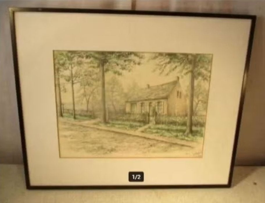 Belle aquarelle peinte « Maison et champs » - Verreydt, Aquarelle, Paysage, Papier, Peint à la main