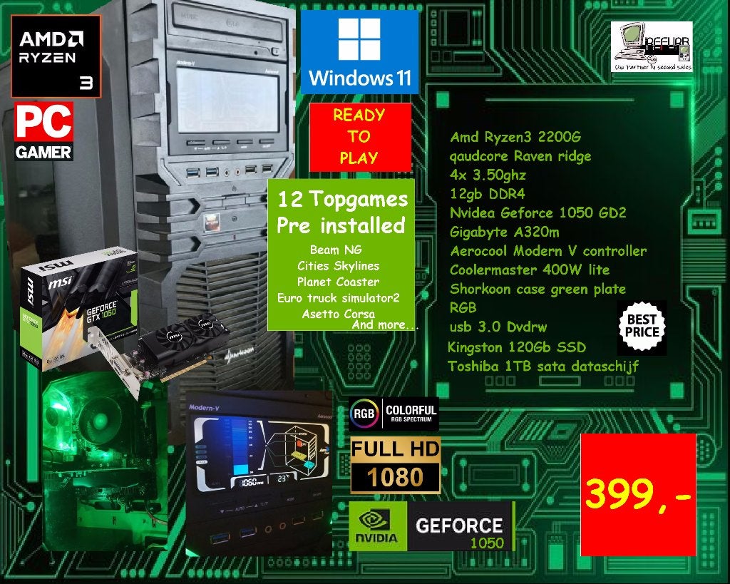 Amd Ryzen3 2200G ssd + 1tb 12gb gtx1050 win11, Computers en Software, Desktop Pc's, Ophalen, Refurbished, Gaming, HDD