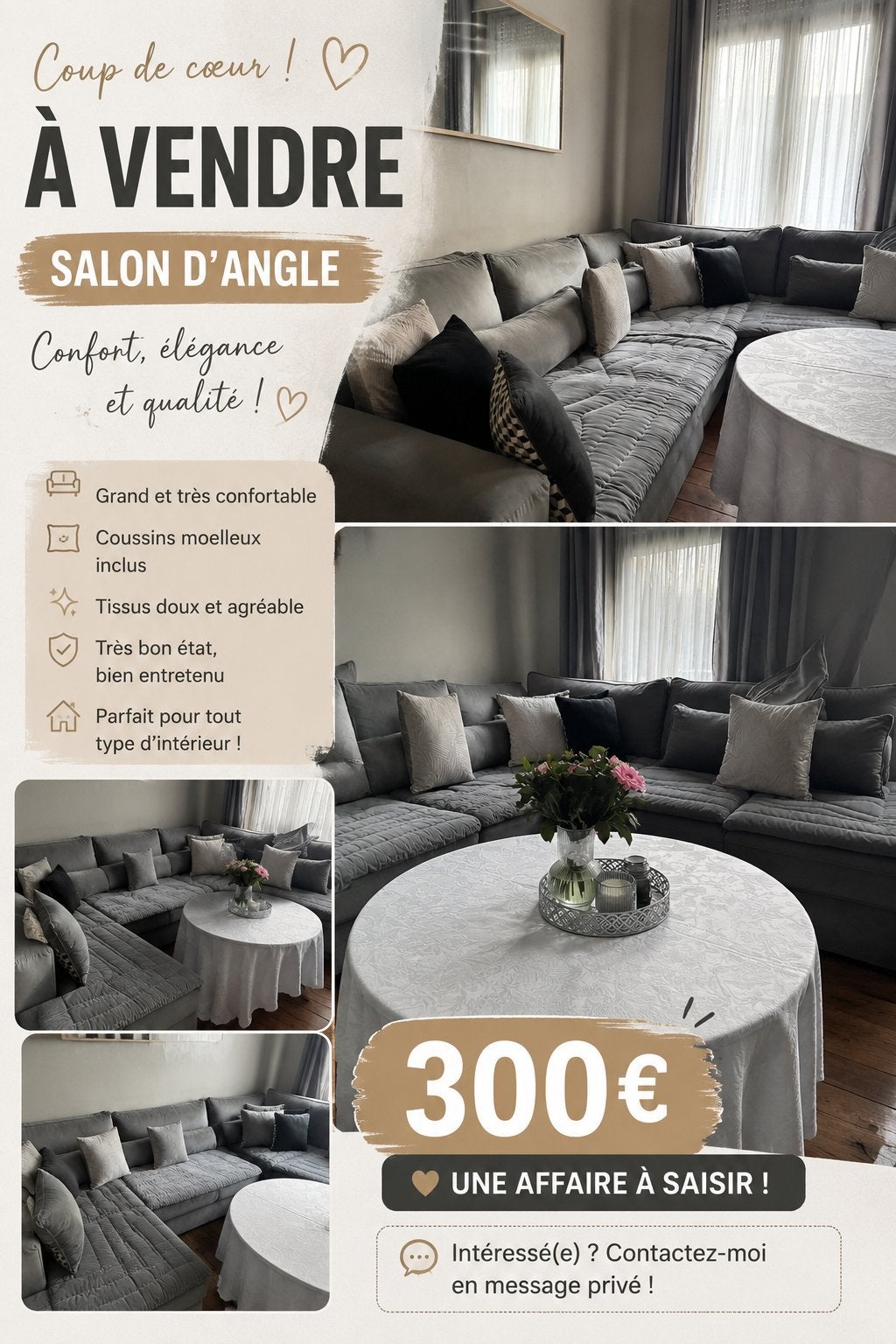 Magnifique salon d’angle gris – 300 €, Maison & Meubles, Canapés | Coins salons complets, Enlèvement, Comme neuf, Tissus, Moderne, contemporain et cosy