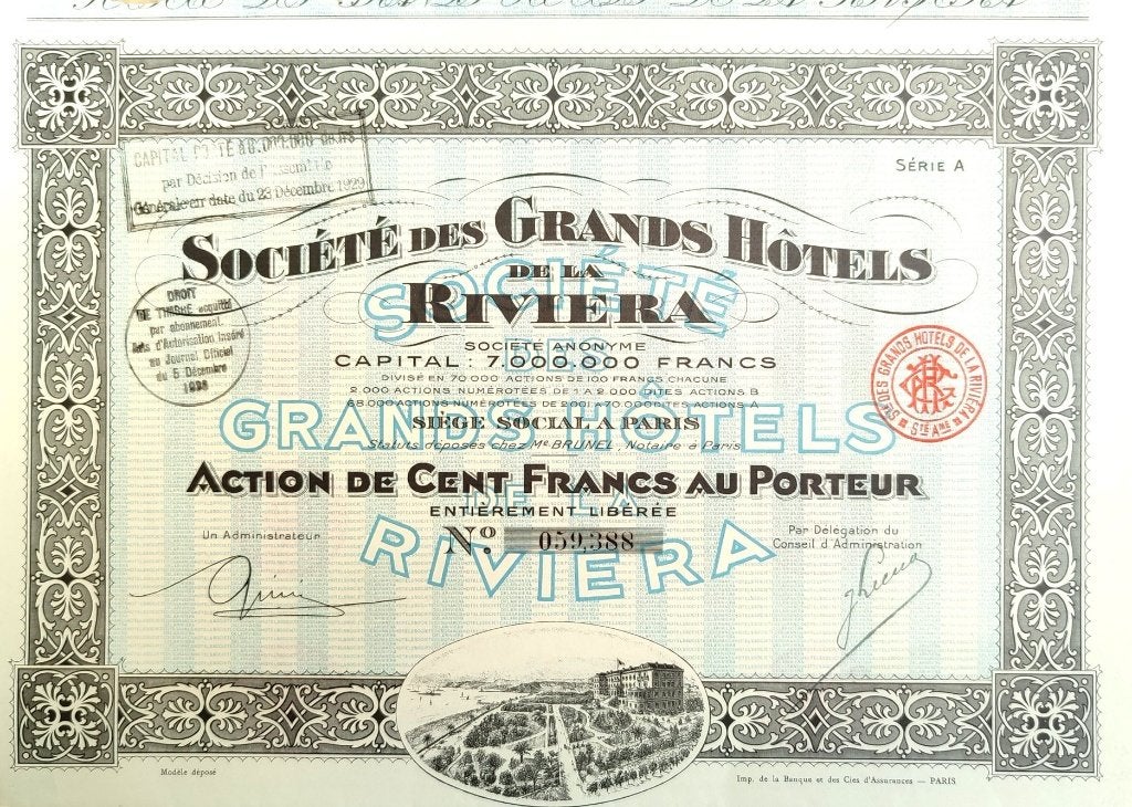 Société des Grands Hôtels de la Riviera 1930, Ophalen of Verzenden, 1920 tot 1950, Aandeel