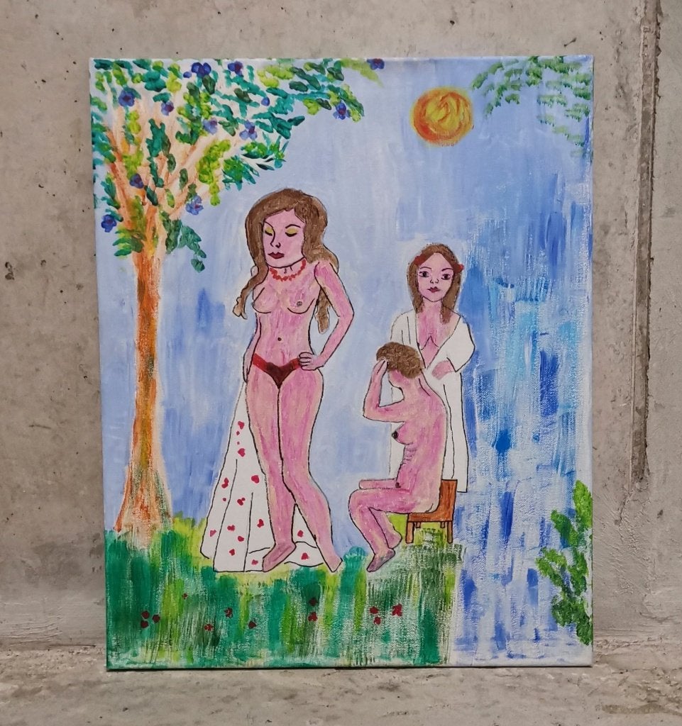 Drie baadsters aan waterval, Antiek en Kunst, Ophalen