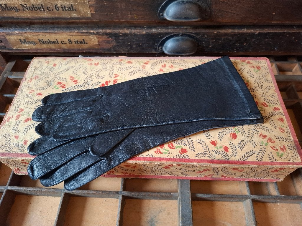 Vintage Josselyne Dames Handschoenen Zwart Leer Nieuw Status, Antiek en Kunst, Ophalen of Verzenden