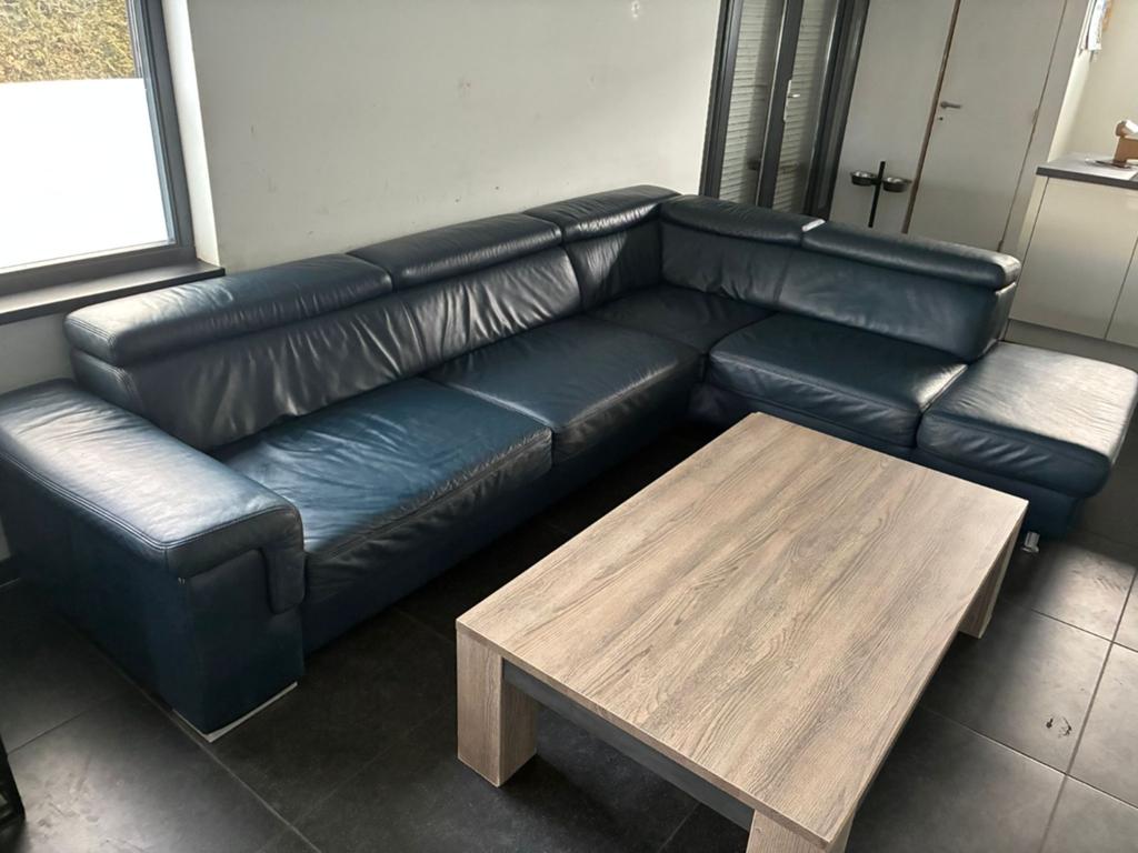 Donkerblauwe lederen hoekbank/hoekzetel, Huis en Inrichting, Ophalen, Gebruikt, Leer