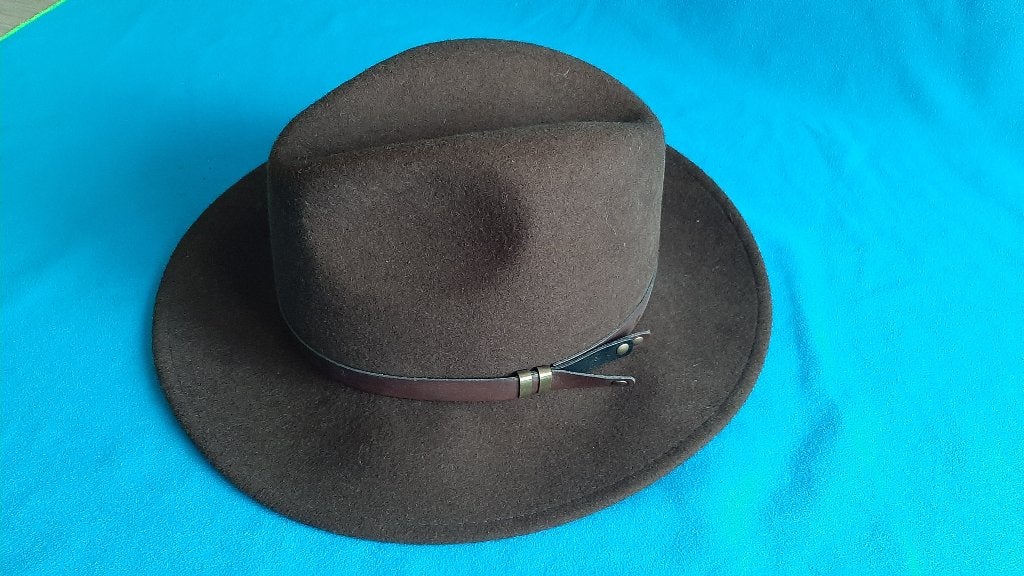 Bruine wollen Fedora/outdoorhoed - maat 56, Kleding | Dames, Ophalen, Zo goed als nieuw, 56 of 57 cm (M, 7 of 7⅛ inch), Hoed