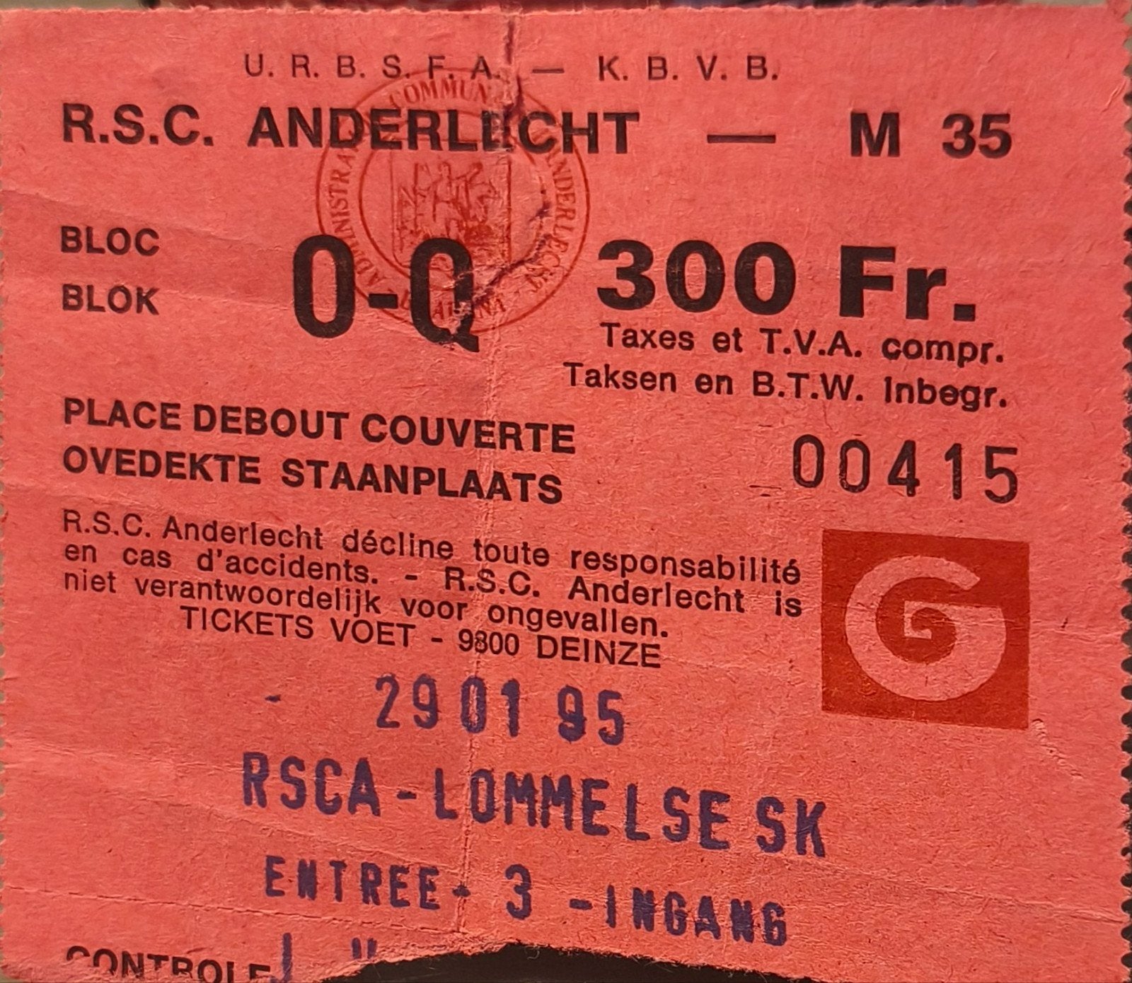 ticket 1995 Anderlecht Lommel