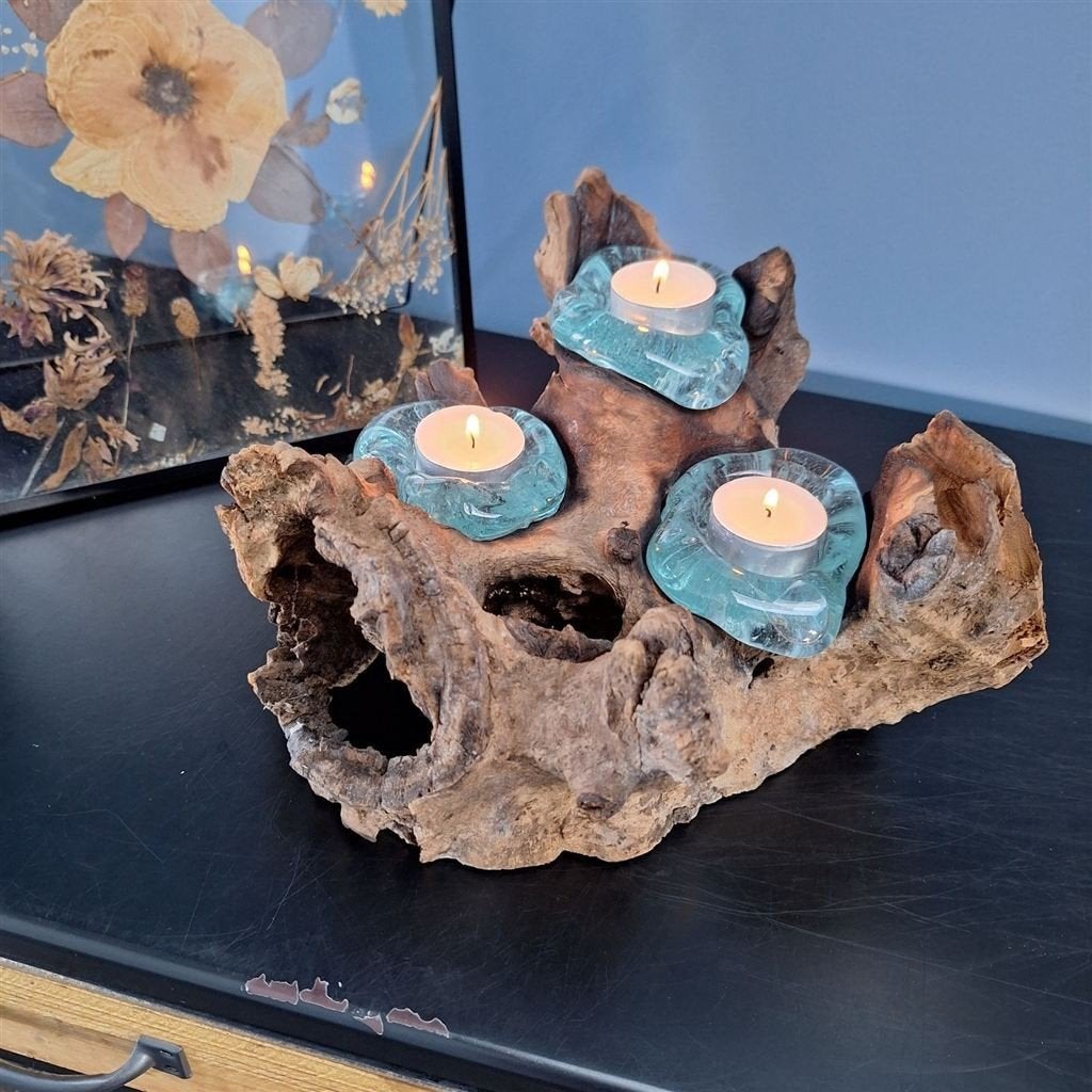 Theelichthouder van hout en glas 3x – tafelmodel, Ophalen of Verzenden, Nieuw, Glas, Kandelaar