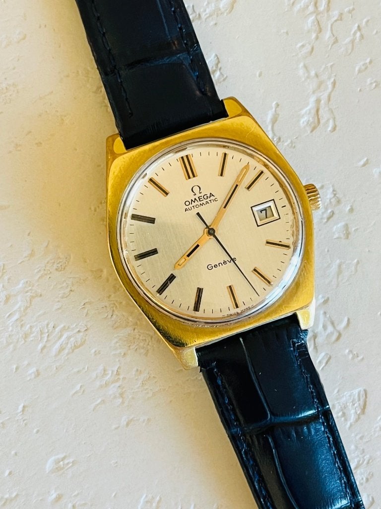 Vintage automatic Omega Geneve horloge, Montre-bracelet, Enlèvement ou Envoi, Cuir, Utilisé